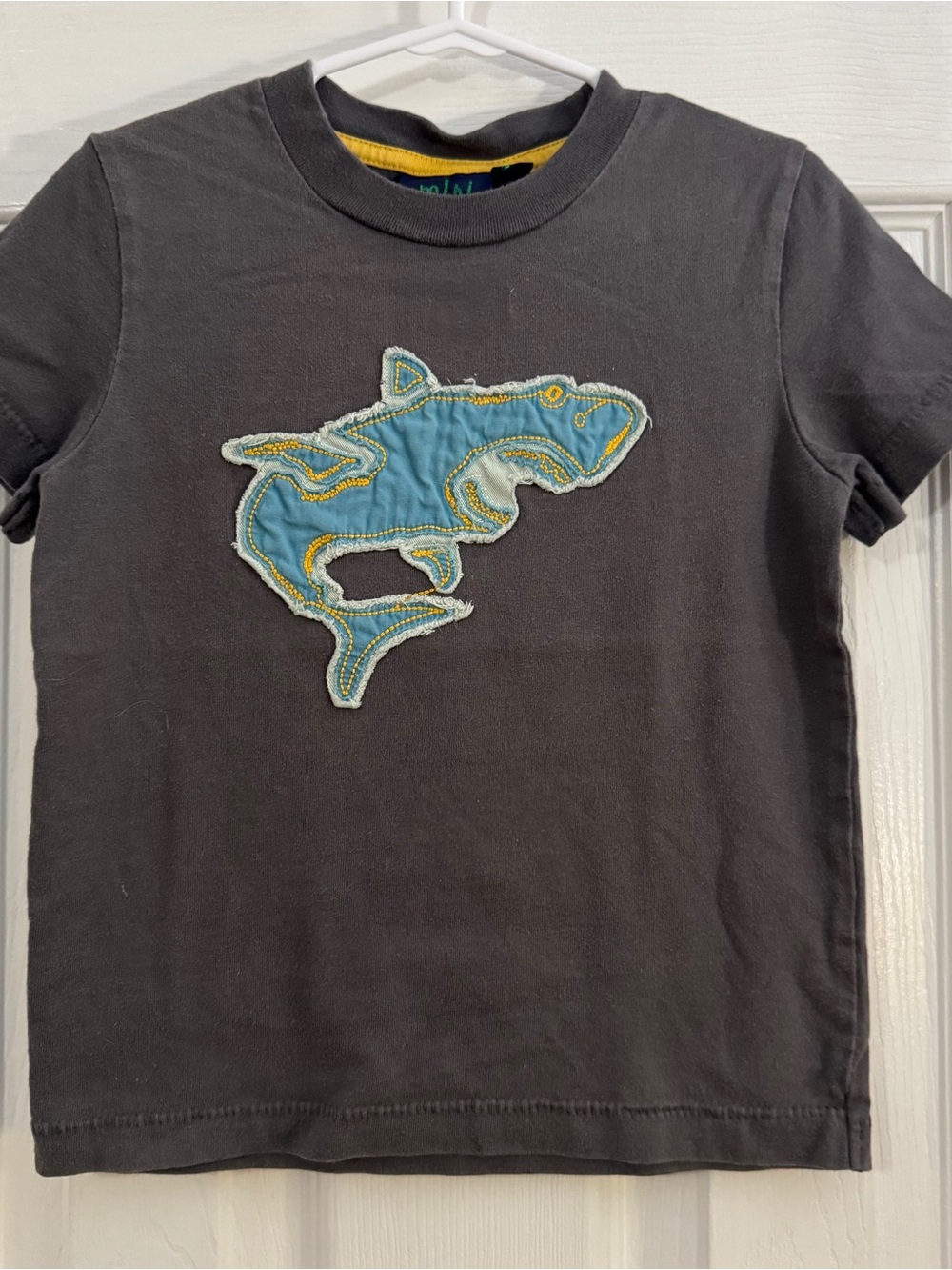 Mini Boden Baby Boy Gray Tee with Light Blue Shark Appliqué Shirt Sleeves